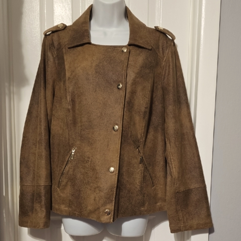 Chico's Brown Faux Leather Jacket Classic Collar Snap Closure NWOT